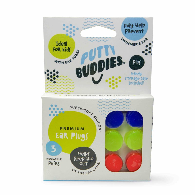 Putty Buddies Earvolution Putty Buddies Earplugs for Swimming and Bathing - Doctor-Invented, Made in USA, Moldable Premium Silicone Plugs Help Prevent Swimmer's Ear, 3 Pair Pack - Red/Blue/Yellow - Image 1